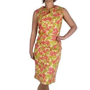Vintage 1950s Floral Print Dress Pink Green Cotton Petal Collar Mid-Century
